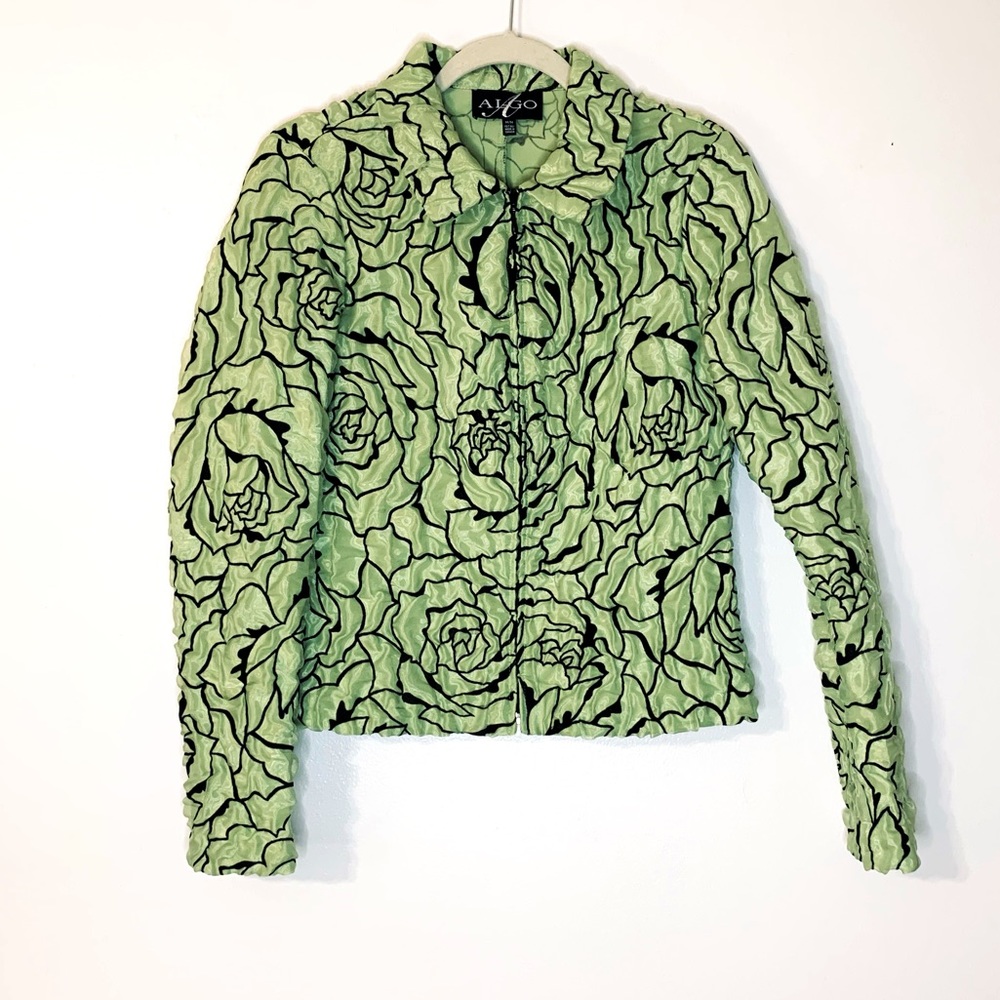 ALGO Light Weight Green Black Crinkle Fabric Zip Blazer Size Medium